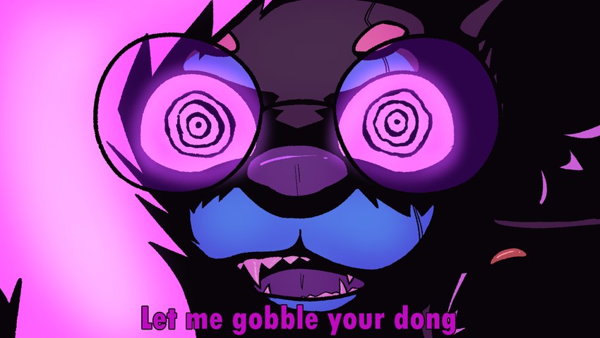 caption captions close-up eyewear glasses glowing glowing_eyes glowing_hair hair purple_nose purple_tongue screencap_redraw teeth text tongue wearing_glasses impishhyena dandadan harley_(impishhyena) turbo_granny_(dandadan) hyena mammal english_text hi_res