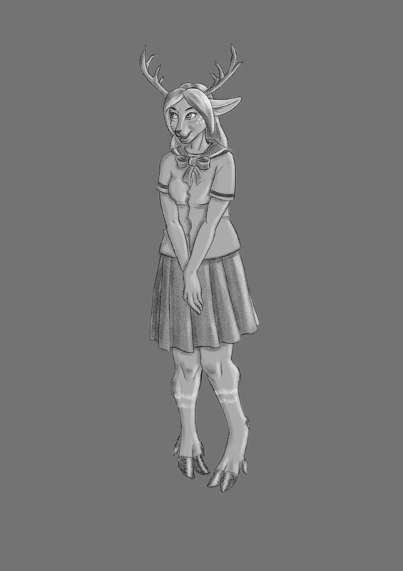 after_transformation anthro barefoot bottomwear clothed clothing cloven_hooves dewclaw_hooves feet female fully_clothed hooves horn nervous shy skirt solo unguligrade uniform tfancred deer mammal absurd_res hi_res monochrome