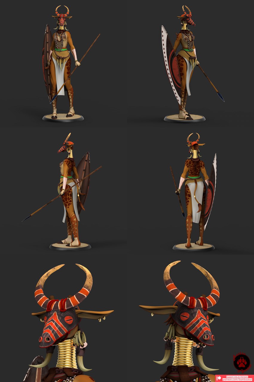 african anthro bottomwear breasts clothed clothing ear_piercing ear_ring female gold_(metal) hooves loincloth mask melee_weapon nipples piercing polearm ring_piercing shield solo spear tail topless topless_female tusks weapon bambookat giraffe giraffid mammal 3d_(artwork) absurd_res digital_media_(artwork) hi_res