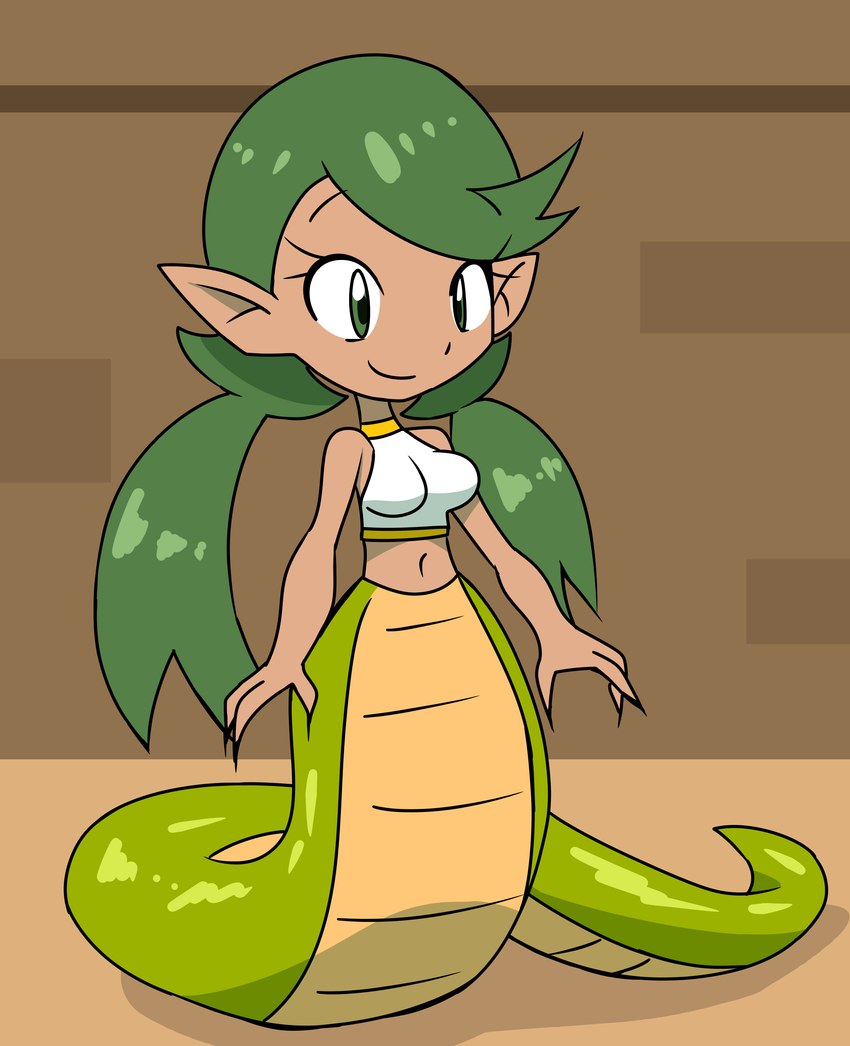 alternate_species apode big_breasts breasts clothing crop_top female legless monster_girl_(genre) pointy_ears serpentine shirt solo split_form topwear aokushan nintendo pokemon mallow_(pokemon) draconcopode humanoid lamia reptile scalie snake absurd_res hi_res