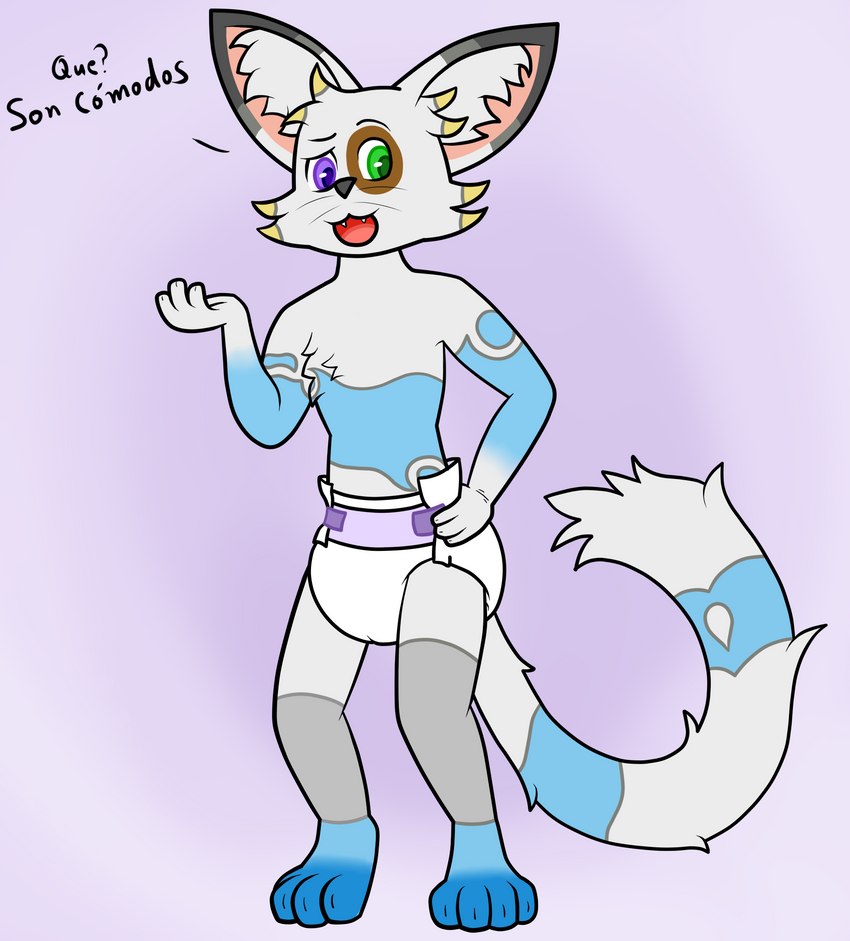 anthro blue_spots clean_diaper clothed clothing contact_lenses diaper fur grey_body grey_fur male multicolored_body multicolored_fur solo spots text wearing_diaper yellow_spots fennecat dominic_(fennecat) canid canine felid feline fennec_fox fox hybrid mammal true_fox hi_res spanish_text translated