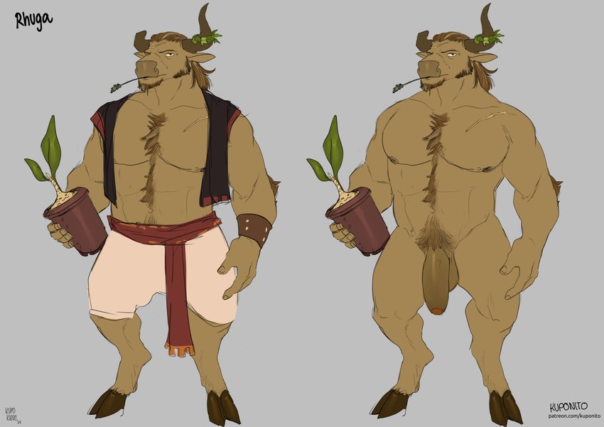 2_horns abs anthro balls body_hair broken_horn chest_hair clothed clothing foreskin genitals hooves horn male nipples nude pecs penis plant pubes text kupoklein european_mythology greek_mythology mythology rhuga_(kupoklein) bovid bovine mammal minotaur hi_res url