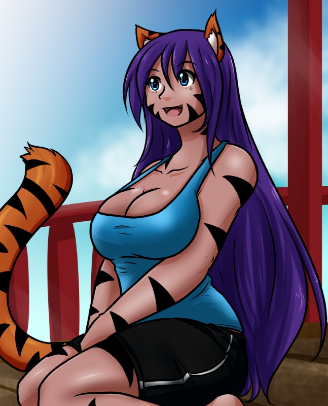 big_breasts black_stripes blue_eyes bottomwear breasts cat_tail clothed clothing facial_markings female hair head_markings huge_breasts long_hair markings open_mouth purple_hair shirt shorts smile solo stripes topwear sageofotherworlds yosh!_comics kate_summers animal_humanoid cat_humanoid domestic_cat felid felid_humanoid feline feline_humanoid felis human humanoid mammal mammal_humanoid hi_res