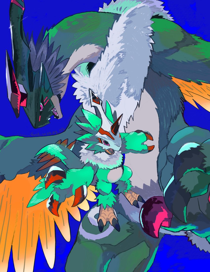 anthro beak duo evolutionary_family feathers flying green_body green_feathers horn male mask neck_tuft sharp_teeth teeth tuft winged_arms wings guil87645127 digimon_liberator galemon pteromon hi_res