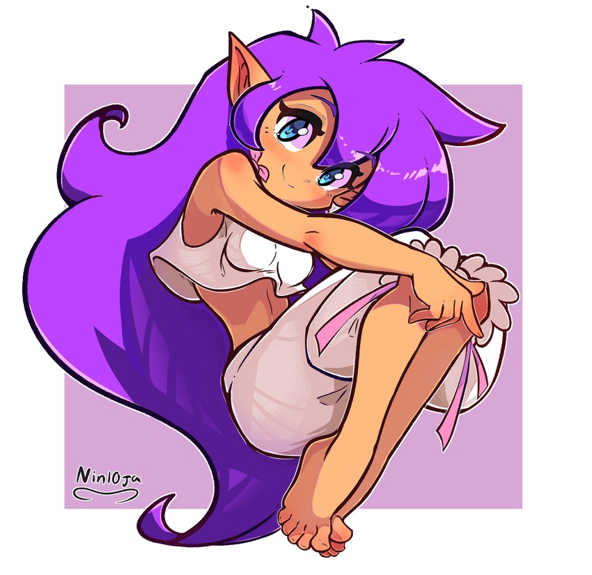 5_toes blue_eyes breasts brown_body brown_skin clothing feet female fingers hair humanoid_feet humanoid_pointy_ears long_hair looking_at_viewer not_furry pajamas plantigrade pointy_ears purple_hair simple_background smile solo toes nin10ja shantae_(series) wayforward shantae genie humanoid 2024 absurd_res full-length_portrait hi_res portrait signature