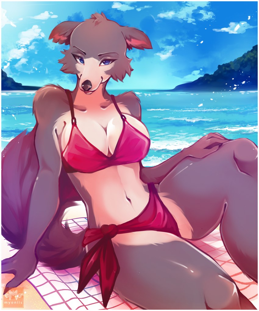 anthro beach_towel border bottomwear bra breasts cleavage clothed clothing cloud female fur island red_bottomwear red_clothing red_topwear sand sea seaside sitting sky solo summer swimwear topwear towel underwear water white_border myoniis beastars netflix juno_(beastars) canid canine canis mammal wolf 2022 5:6 absurd_res digital_media_(artwork) hi_res