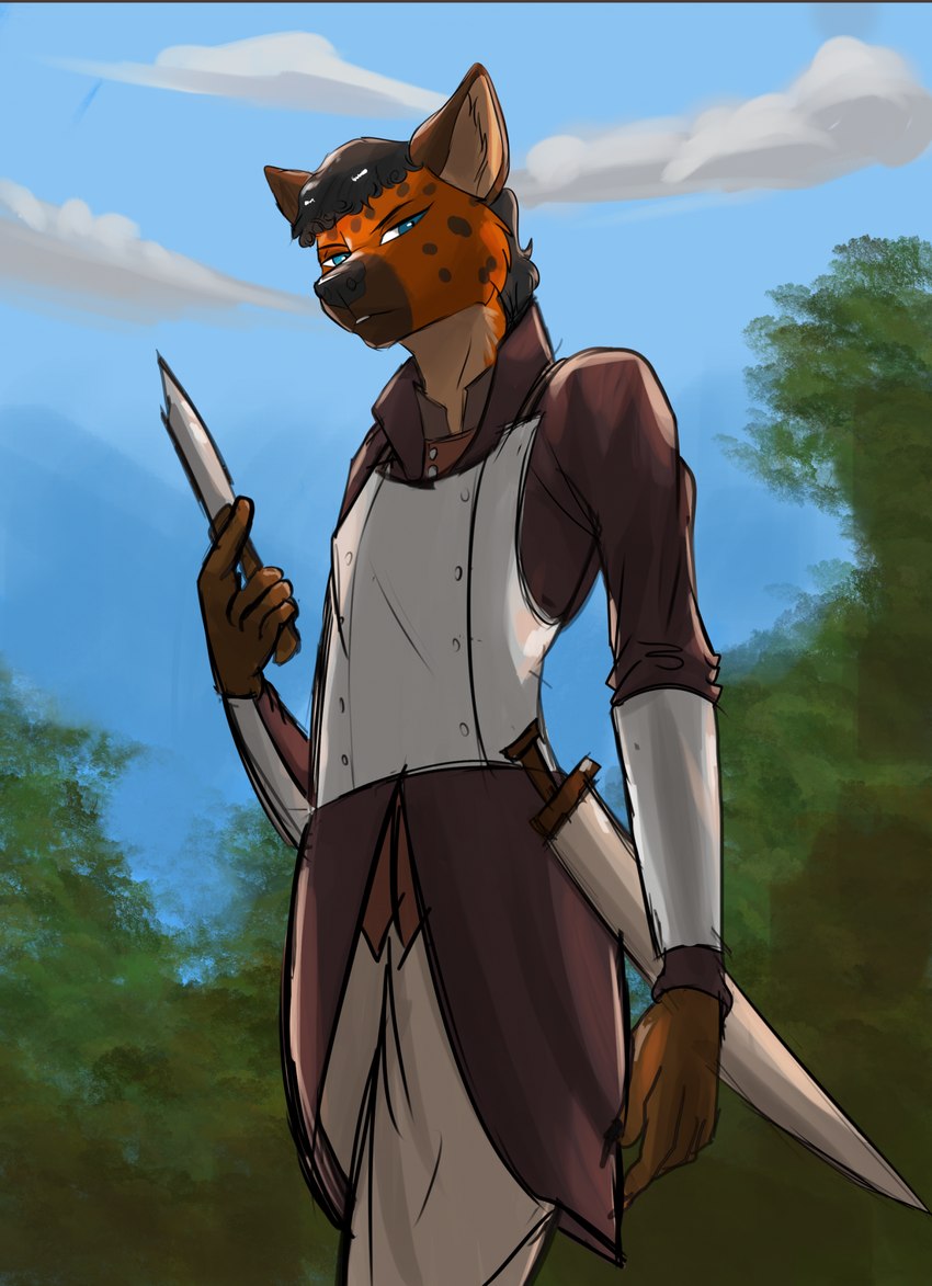 anthro armor black_hair blue_eyes cloud dagger female forest gambeson hair holding_object holding_weapon looking_at_viewer melee_weapon mercenary outside plant solo sword sword_sheath tree unimpressed weapon reddragon fran_tusajigwe canid canine hybrid hyena mammal maned_wolf spotted_hyena hi_res