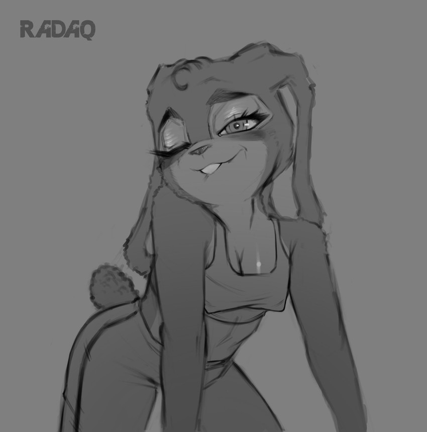 anthro clothing female looking_at_viewer nipple_outline one_eye_closed shirt solo tank_top topwear wink winking_at_viewer radaq disney zootopia judy_hopps lagomorph leporid mammal rabbit hi_res monochrome