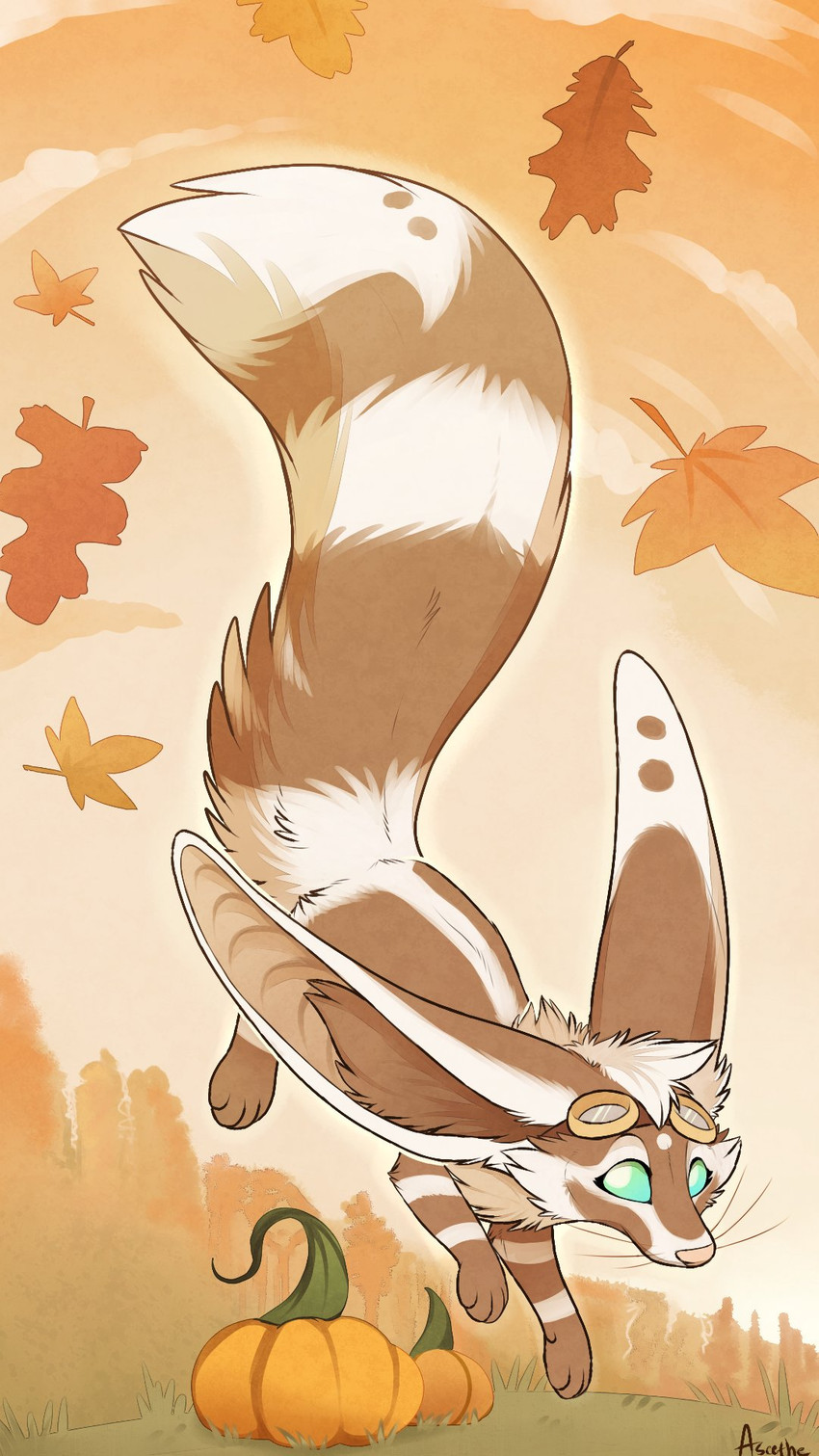 autumn blue_eyes brown_body brown_fur day eyewear falling_leaves feral food fruit fur goggles grass inner_ear_fluff long_ears midair outside paws plant pumpkin quadruped sky solo tuft aseethe melody_(aseethe) canid canine fennec_fox fox mammal true_fox 2017 digital_media_(artwork) hi_res