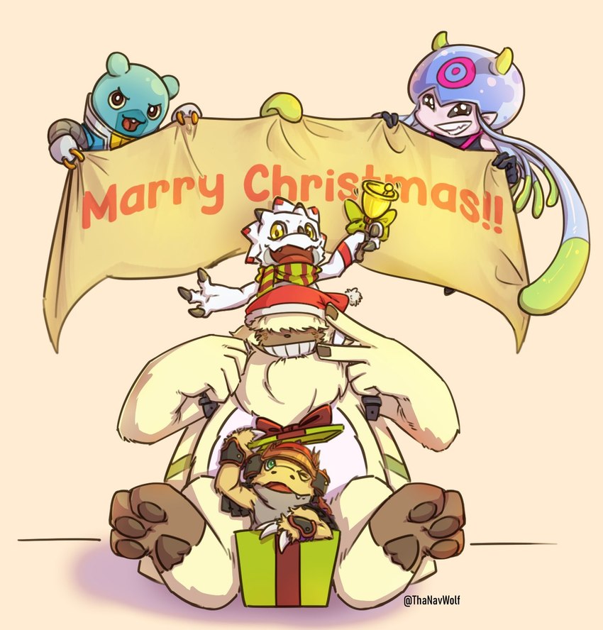 anthro black_claws christmas_clothing christmas_headwear claws clothing female fluffy fluffy_chest fur grin group hair hair_over_eyes hat headgear headwear holidays horn kerchief long_ears male pawpads ponytail_ears santa_hat sitting smile white_body yellow_body yellow_eyes yellow_fur thenavwolf bandai_namco christmas digimon digimon_ghost_game angoramon_(ghost_game) gammamon_(ghost_game) jellymon_(ghost_game) angoramon ceratopsian digimon_(species) dinosaur espimon gammamon humanoid jellymon lagomorph leporid mammal ornithischian prehistoric_species rabbit reptile ryudamon scalie triceratops hi_res