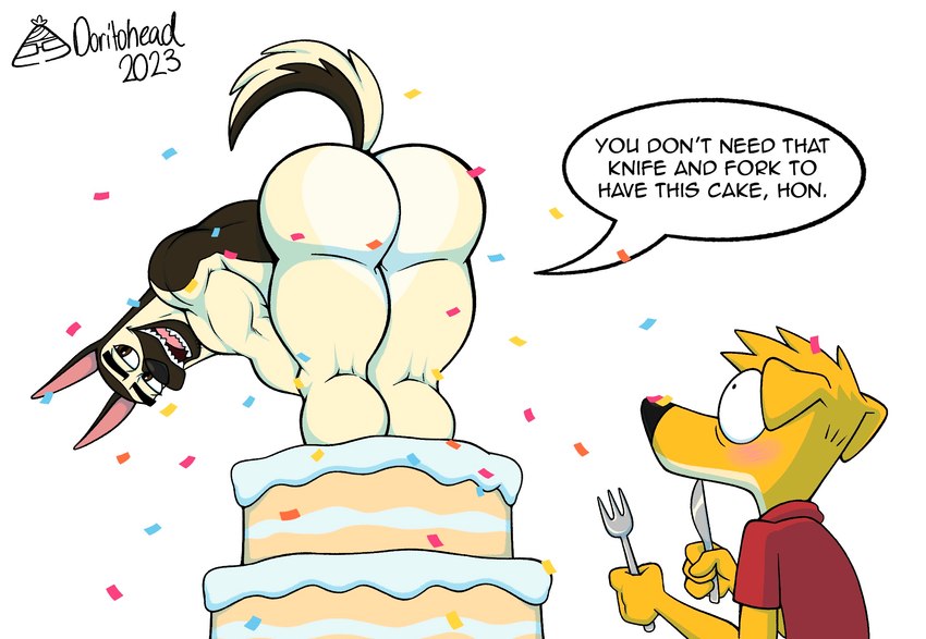 anthro bent_over biceps big_butt birthday birthday_cake blush brown_body brown_fur bubble_butt butt cake confetti cutlery dessert dialogue duo facial_markings fluffy fluffy_tail food fork fur head_markings kitchen_utensils knife leaning leaning_forward looking_back male markings multicolored_body multicolored_fur muscular muscular_anthro muscular_male muzzle_(marking) nude open_mouth pop_out_cake sharp_teeth simple_background snout snout_markings tail tan_body tan_fur teeth text thick_thighs tongue tools two_tone_body two_tone_fur white_background yellow_body yellow_fur doritohead kaine_lewis wally_pembroke canid canine canis corgidor domestic_dog german_shepherd herding_dog mammal mixed_breed pastoral_dog 2023 artist_name digital_drawing_(artwork) digital_media_(artwork) english_text hi_res signature