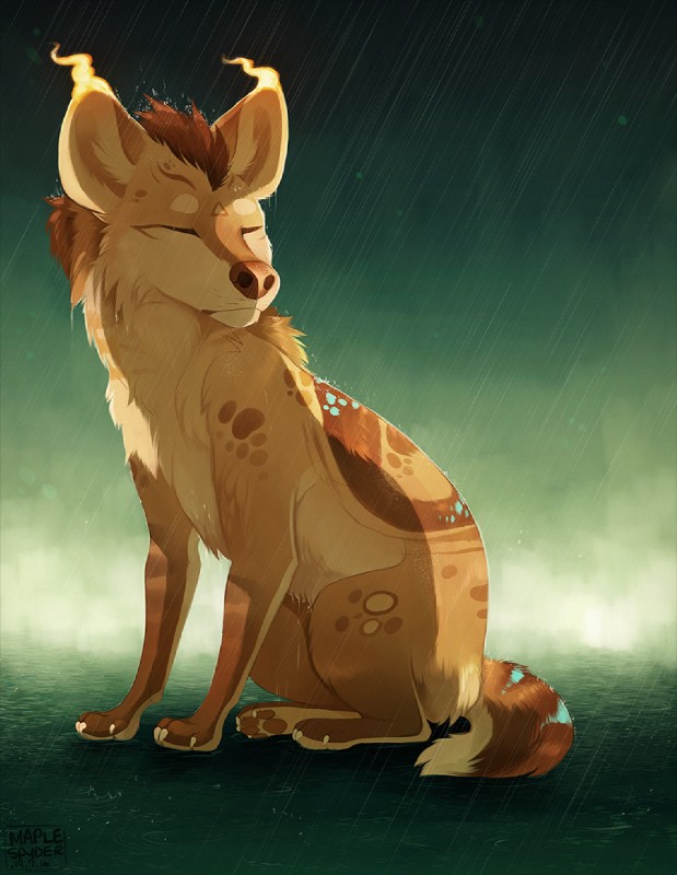 ambiguous_gender detailed_background eyes_closed feral outside paws raining sitting solo maplespyder maple_(maplespyder) hyena mammal spotted_hyena 2016 digital_media_(artwork) digital_painting_(artwork)