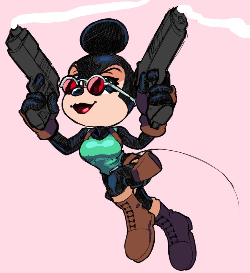 anthro black_body black_fur boots breasts clothing cosplay crossover_cosplay dual_wielding eyewear female footwear fur gun handgun holding_gun holding_handgun holding_object holding_pistol holding_ranged_weapon holding_weapon holster lipstick makeup pistol ranged_weapon red_eyewear red_lipstick red_sunglasses shoes smoking_gun solo sunglasses weapon mbwillie disney tomb_raider lara_croft minnie_mouse mammal mouse murid murine rodent 2024 crossover hi_res