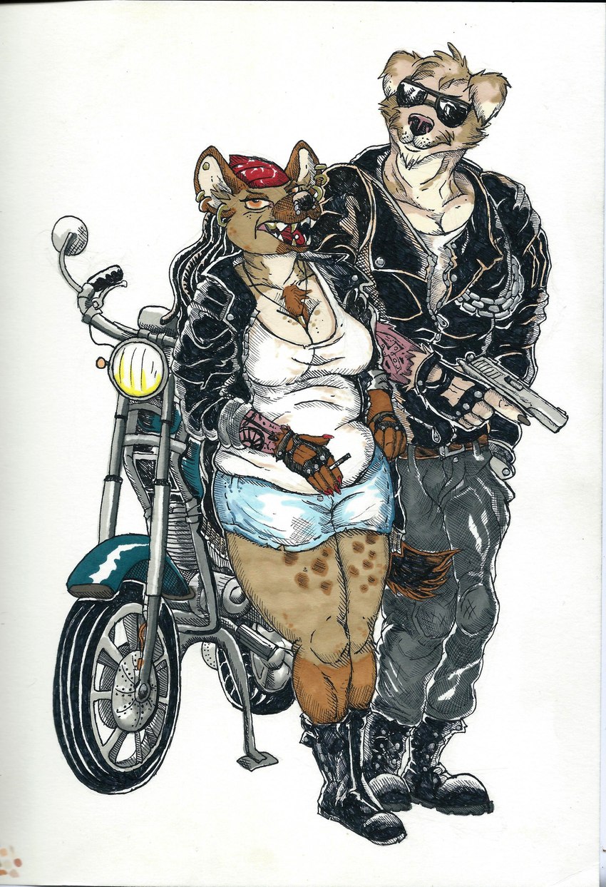 angry anthro belly belly_overhang belly_rolls biker clothing criminal cuban cybernetics duo ear_piercing facial_piercing female gangsta gangster gold_(metal) gold_jewelry gun handgun highway jacket jewelry leather leather_clothing leather_jacket leather_topwear m1911 machine male male/female mexican mexico motorcycle muffin_top muscular nose_piercing piercing pistol ranged_weapon slightly_chubby slightly_chubby_female texas thick_thighs tongue tongue_piercing topwear trigger_discipline vehicle weapon wasylthefox terminator_(franchise) karmen_stanciu the_terminator_(terminator) android canid canine canis cyborg domestic_dog hybrid hyena mammal robot t-800_series_(terminator) terminators_(terminator) absurd_res hi_res