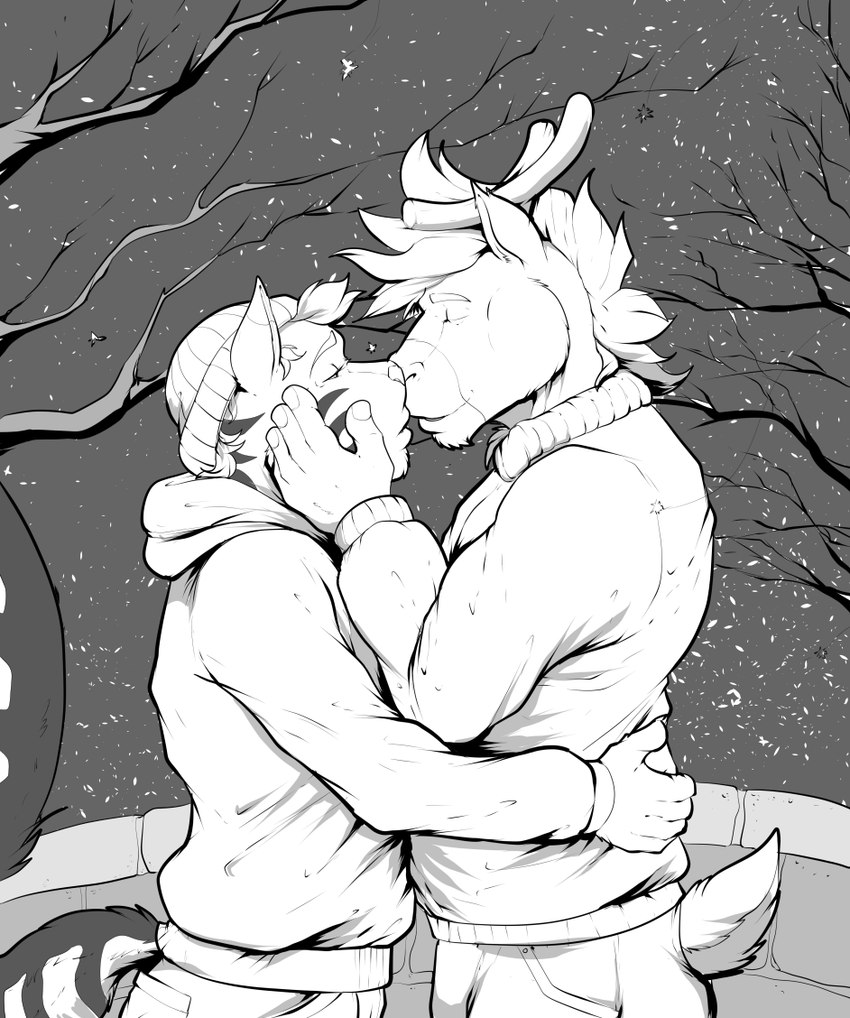 anthro antlers bridge christmas_eve clothed_male clothing duo eyes_closed eyes_closing first_kiss hand_on_face hat headgear headwear horn hug hugging_another kiss_on_lips kissing male male/male outside plant romantic snow snowing stone_bridge tail tree winter winter_clothing pandottermon bibi_baxter_(pandottermon) deer felid hybrid mammal mephitid new_world_deer pantherine reindeer skunk tiger monochrome