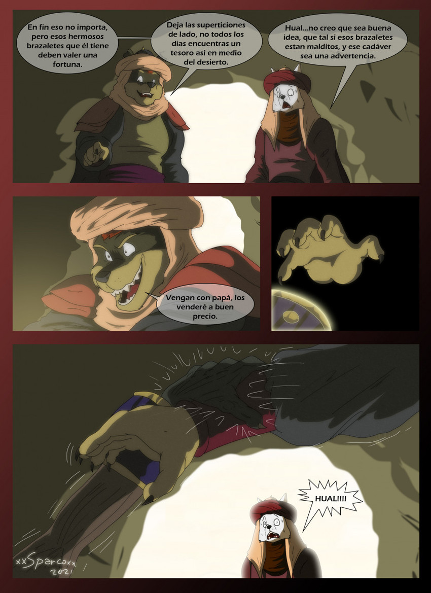 anthro armor bodily_fluids bracers brown_body brown_fur cave clothed clothing fur glowing group headgear headwear male multicolored_body multicolored_fur open_mouth religious_clothing religious_headwear speech_bubble sweat text trio turban two_tone_body two_tone_fur white_body white_fur xxsparcoxx hadid_(roycefox) hual_(pyrocanis) teofacio_larna canid canine canis domestic_dog fox mammal red_fox true_fox undead 2021 comic digital_media_(artwork) hi_res spanish_text