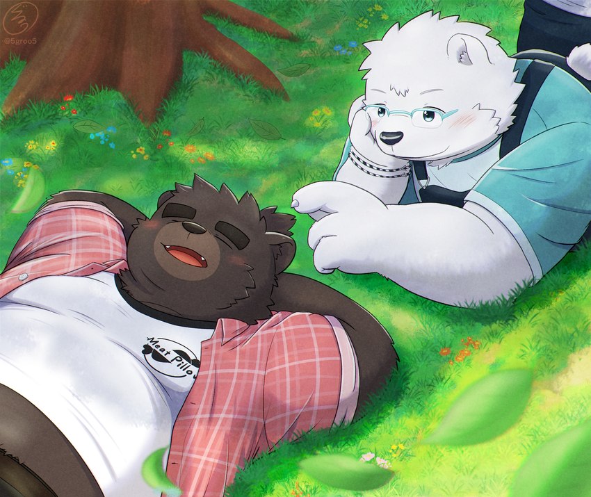 anthro belly black_nose blush brown_body brown_fur clothing cute_fangs duo eyes_closed eyewear fangs fur glasses humanoid_hands kemono lying male outside overweight overweight_male plant shirt teeth topwear tree white_body white_fur 5groo5 shiro_to_kuro bear mammal polar_bear ursine 2021 hi_res