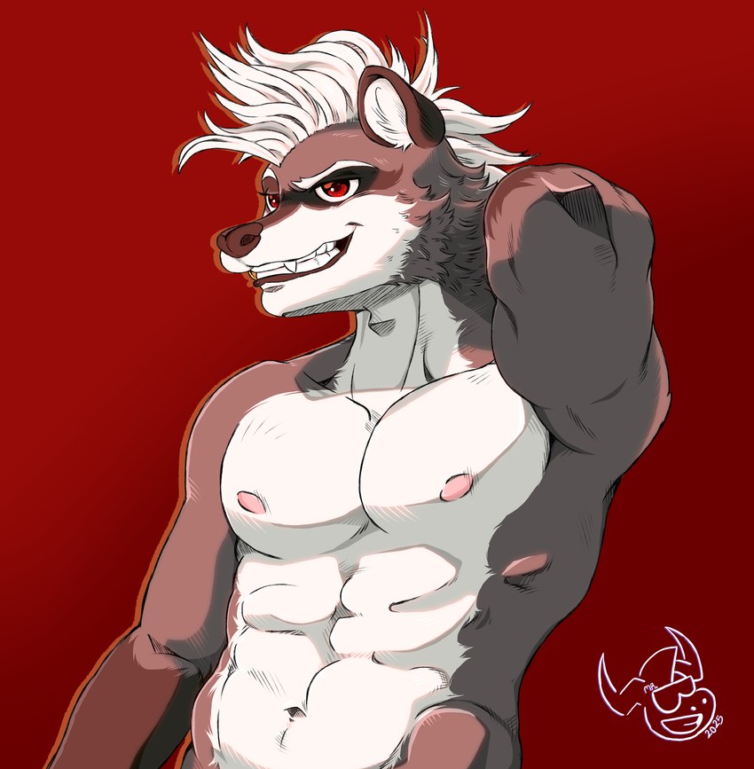 anthro male muscular nipples smile solo mr.brapion nuki_raccoon mammal procyonid raccoon absurd_res hi_res