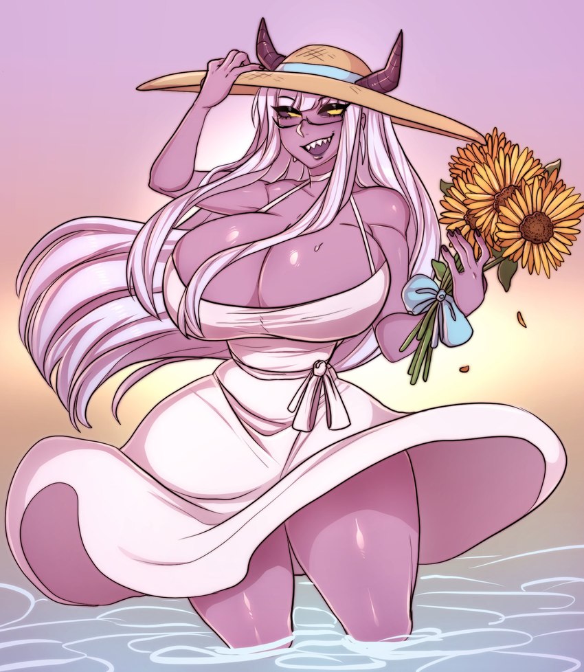 breasts cleavage clothed clothing dress eyewear female flower glasses hat headgear headwear horn not_furry plant purple_body solo sun_hat sunflower inkbuns horned_humanoid humanoid hi_res