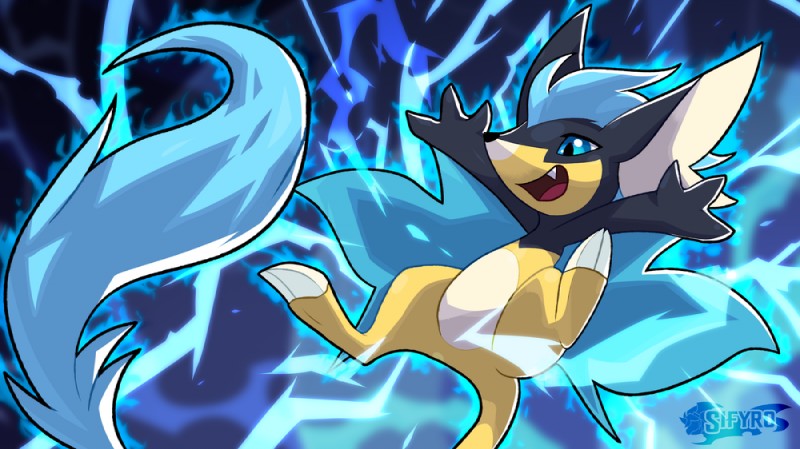 ambiguous_gender blue_mane blue_tail_feathers chibi electricity featureless_crotch fluffy mane nude open_mouth smile solo spread_legs spreading thunder blitzdrachin conditional_dnp aurel_(majp) bat goldyura hybrid mammal