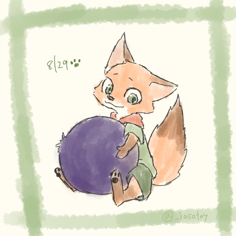 ambiguous_gender anthro biped black_nose blueberry_(fruit) bottomwear clothed clothing dipstick_tail food fruit fully_clothed fur green_eyes markings multicolored_tail orange_body orange_fur pawpads plant shirt shorts sitting smile solo tail tail_markings topwear uniform young young_anthro aomaroo disney zootopia nick_wilde canid canine fox mammal red_fox true_fox 1:1