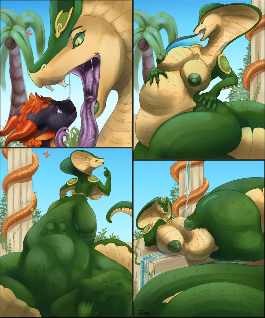 after_vore ambiguous_gender ambiguous_prey anthro anthro_pred anthro_prey areola belly big_belly big_breasts bodily_noises body_outline breasts death different_sound_effects digestion duo fangs female female_pred flowing_water four_frame_image glurk green_areola green_nipples long_tongue nipples onomatopoeia oral_vore outside rumbling_stomach shortened_sound_effect slurping snake_hood sound_effect_variant sound_effects staggering_(layout) swallowing tail teeth text thick_thighs tongue vertical_staggering vore vowelless vowelless_sound_effect waterfall weight_gain wide_hips avezola mythology dragon mythological_creature mythological_scalie reptile scalie snake comic digital_media_(artwork) hi_res