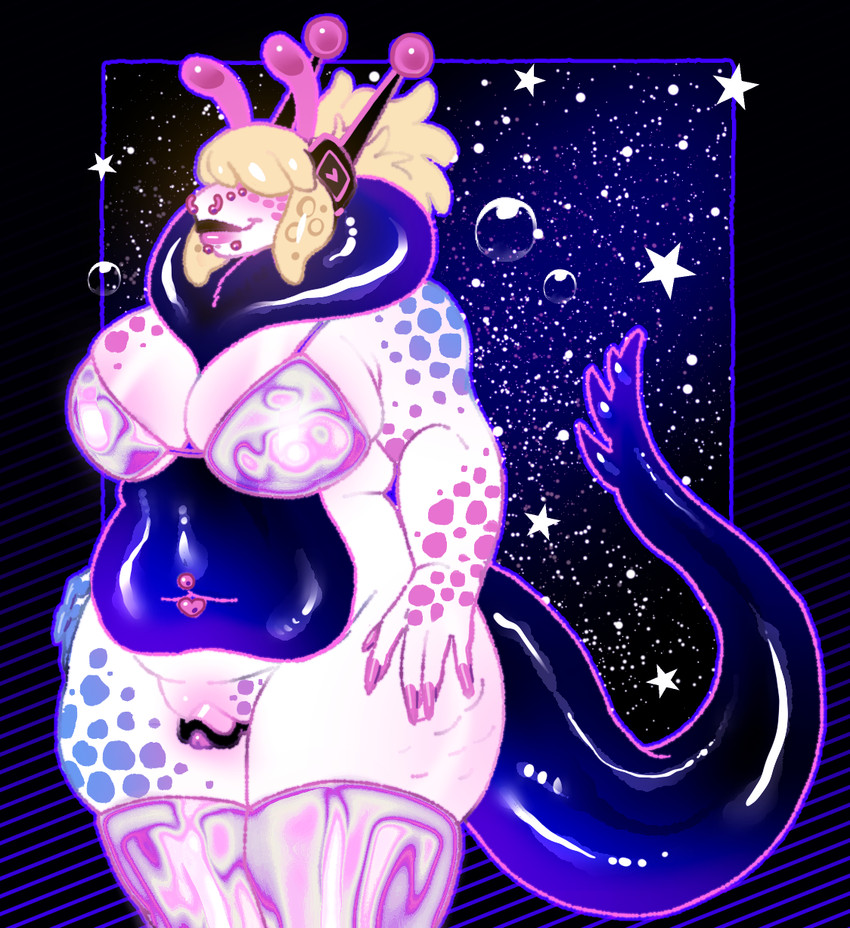 antennae_(anatomy) anthro belly big_breasts big_clitoris bikini bikini_top bikini_top_only bimbo_anthro black_belly black_tail blonde_hair breasts clitoris clothing colored_nails cosmic_background facial_piercing female genitals glistening glistening_body hair horseshoe lip_piercing lipstick makeup markings multiple_piercings nails neck_tuft obscured_eyes overweight overweight_anthro overweight_female pattern_background piercing pink_body pink_lipstick pink_nails pink_piercing pink_tail pseudo_hair purple_belly purple_tail simple_background snakebite_piercing solo space space_background star swimwear tail tentacle_hair tentacles thick_tail thick_thighs tuft two-piece_swimsuit vulva white_body latexslug alien aquatic_gastropod gastropod marine mollusk nudibranch sea_slug slug hi_res