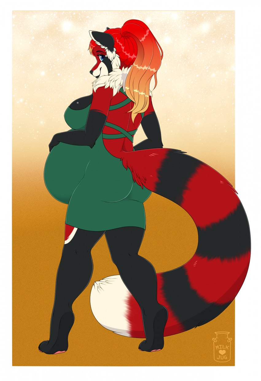 anthro belly big_belly black_body black_fur black_lips blonde_hair blue_eyes butt closed_smile clothed clothing female fur gradient_hair hair lips logo looking_at_viewer markings mouth_closed multicolored_hair pregnant pregnant_anthro pregnant_female red_body red_fur red_hair smile solo standing striped_markings striped_tail stripes tail tail_markings two_tone_hair white_body white_fur milk-jug catherine_(alpha-wolf) ailurid mammal red_panda 2021 artist_logo colored digital_drawing_(artwork) digital_media_(artwork) english_description full-length_portrait hi_res portrait shaded