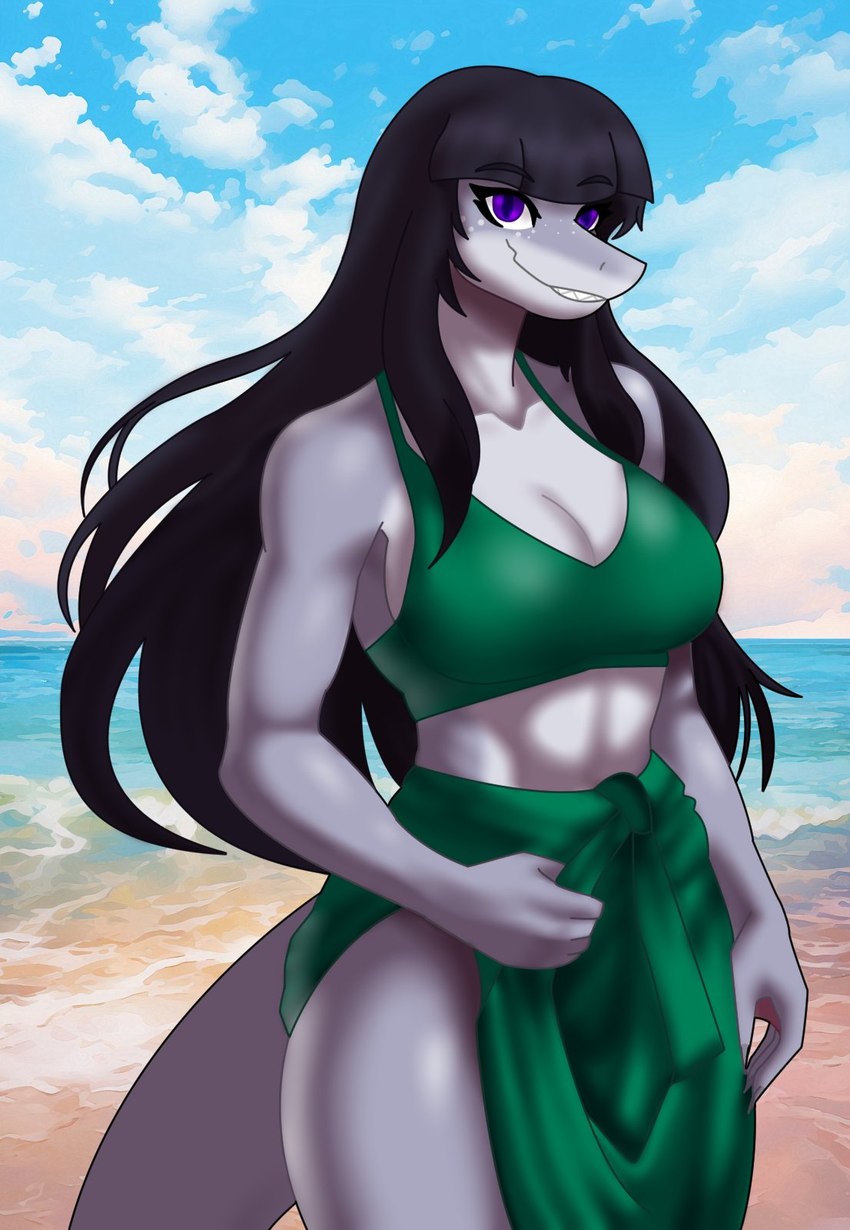 anthro beach bottomwear bra breasts clothing female grey_body hair long_hair purple_eyes shark_tail shark_teeth skirt smile solo underwear garavakarian daniela_sanchez fish marine shark hi_res trans_(lore) trans_woman_(lore)