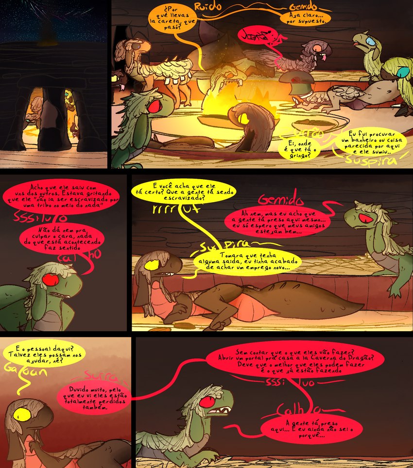 ambiguous_gender dialogue eating fantasy feral fire inside post-apocalyptic pregnant tail text thepatchedragon dragonscape mythology garat_(thepatchedragon) golomya_(thepatchedragon) joao_(thepatchedragon) kern_(thepatchedragon) ura_(thepatchedragon) dinosaur dragon drekir dromaeosaurid mythological_creature mythological_scalie prehistoric_species reptile scalie theropod comic hi_res