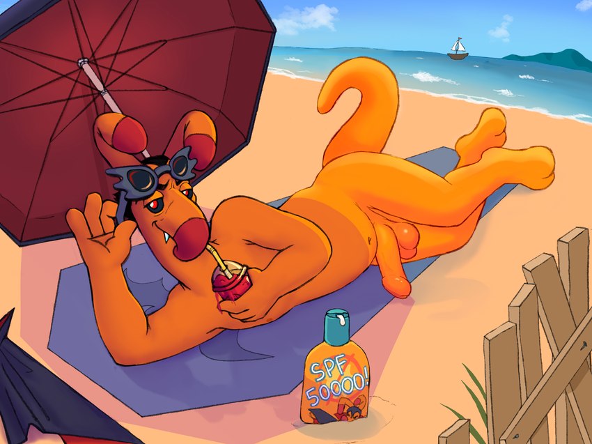 anthro balls beach beach_towel bedroom_eyes beverage blood blood_in_mouth boat bodily_fluids cloak clothing drinking drinking_blood erection eyewear fangs foreskin genitals looking_at_viewer male narrowed_eyes outside penis sailing_boat sailing_watercraft seductive smoothie solo sunglasses sunscreen teeth towel umbrella vehicle watercraft bowling_with_skulls neopets count_von_roo blumaroo kangaroo macropod mammal marsupial neopet_(species) vampire hi_res