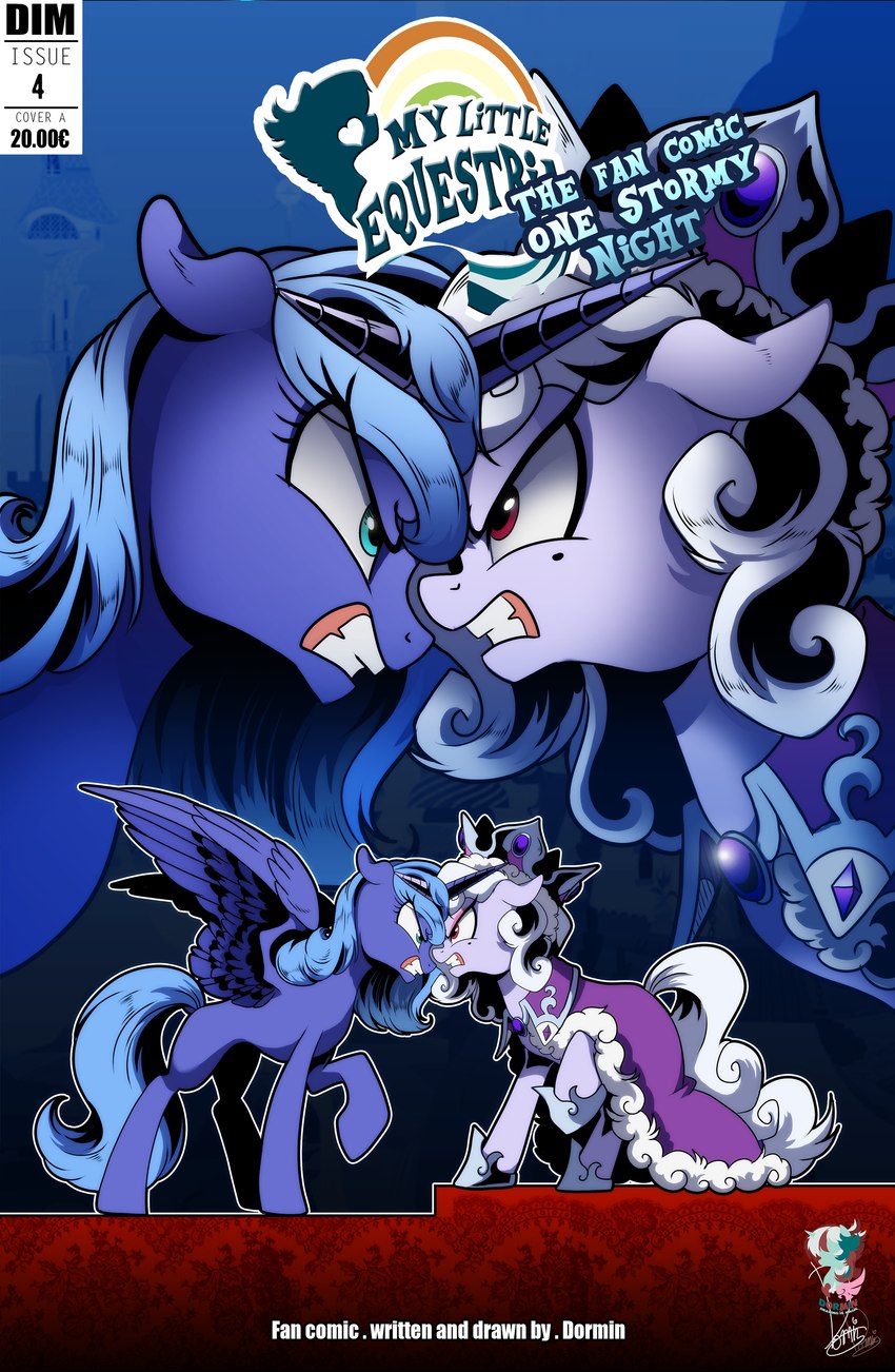 angry clenched_teeth cloak clothing crown duo ears_flat female feral headgear horn in_your_face no_cutiemark raised_leg regalia spread_wings standing teeth text wings dormin-dim friendship_is_magic hasbro my_little_pony mythology princess_luna_(mlp) princess_platinum_(mlp) equid equine mammal mythological_creature mythological_equine winged_unicorn absurd_res cover cover_art cover_page english_text hi_res