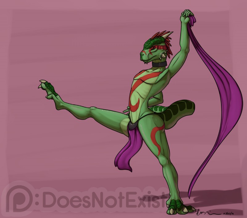 5_fingers 5_toes anthro bodypaint bottomwear claws clothed clothing collar dancing digitigrade eyes_closed feathers feet fingers green_body green_scales horn loincloth male mostly_nude red_body red_feathers scales solo toes topless doesnotexist microsoft the_elder_scrolls shows-his-scales argonian scalie 2019 digital_media_(artwork) hi_res