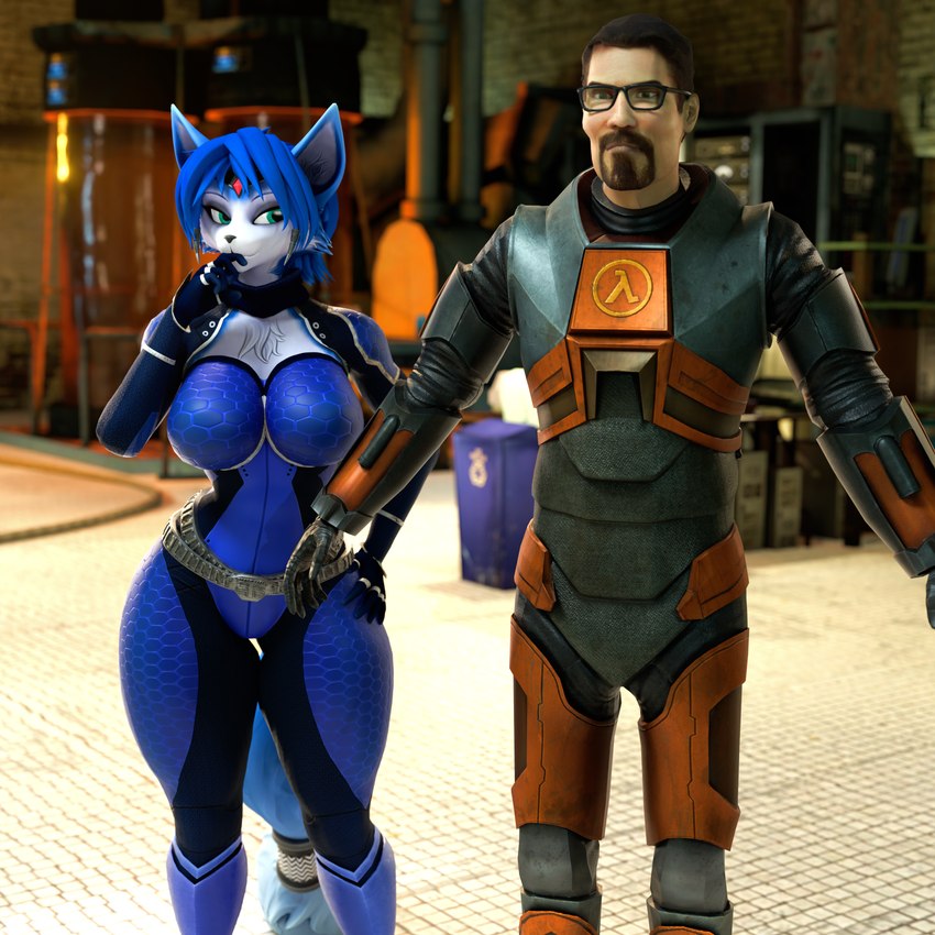 anthro biped charmed duo female hand_on_hip hev_suit lambda male male/female t-pose nearlyepoint half-life nintendo star_fox valve gordon_freeman krystal_(star_fox) canid canine fox human mammal 1:1 3d_(artwork) absurd_res digital_media_(artwork) hi_res