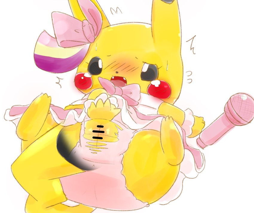 blush clothed clothing cosplay_pikachu_(costume) female genitals open_mouth pussy solo text underwear underwear_only yellow_body nintendo pokemon pikachu_pop_star generation_1_pokemon pikachu pokemon_(species) absurd_res censored english_text hi_res