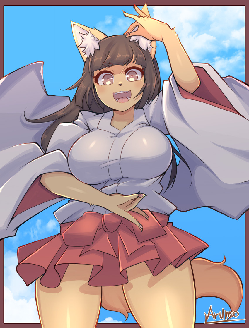 5_fingers anthro asian_clothing big_breasts black_hair breasts clothing cloud east_asian_clothing female fingers hair looking_at_viewer low-angle_view open_mouth outside smile solo arumo canid mammal 2019 absurd_res hi_res