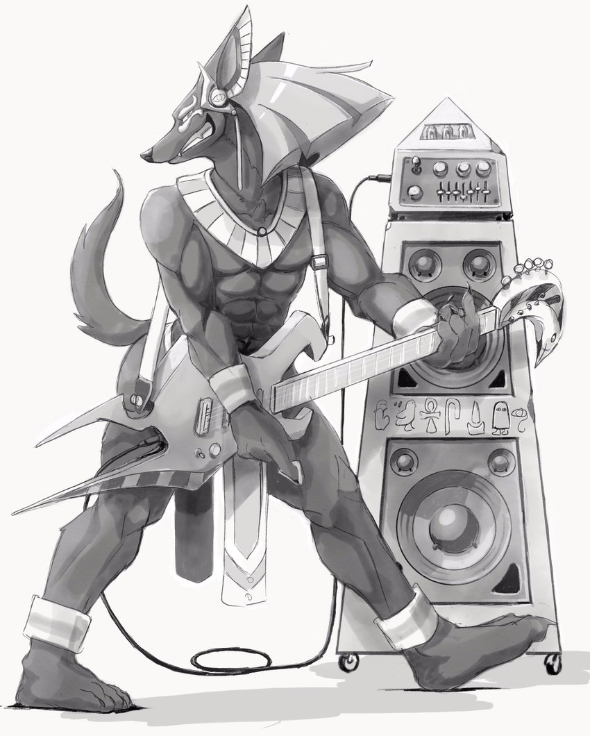 abs anthro clothed clothing fangs grin guitar male musical_instrument playing_guitar playing_music plucked_string_instrument rocking_out simple_background smile solo standing string_instrument teeth white_background geppei5959 egyptian_mythology middle_eastern_mythology mythology anubis anubian_jackal canid canine canis deity jackal mammal 2017 digital_media_(artwork) greyscale hi_res monochrome