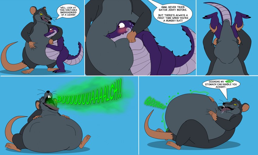 4_toes 5_fingers anthro belly bent_legs big_belly blue_background blush bodily_fluids buckteeth burp_cloud burping claws clutching_stomach curling_tail dialogue digestion digestion_noises drooling drooling_tongue duo eye_roll fangs feet finger_claws fingers fur gas_cloud grey_body grey_fur hairless_feet hairless_hands hairless_tail half-closed_eyes hand_on_belly hands_on_own_belly head_back head_tuft hiccuping holding_belly holding_own_belly hug huge_belly hugging_another knees_up licking licking_lips lying male male/male multicolored_body multicolored_fur multicolored_scales narrowed_eyes nervous nervous_smile nervous_sweat nude obese obese_anthro obese_male on_back open_mouth overweight overweight_anthro overweight_male purple_body purple_scales raised_tail sagging_belly saliva scales shadow simple_background sitting sloshing_belly smile smiling_at_another speech_bubble standing swallowed_whole swallowing sweat sweatdrop tail talking_to_another teeth text toe_claws toes tongue tongue_out tuft two_tone_body two_tone_fur two_tone_scales vore wavy_mouth wavy_smile whiskers white_sclera wide_hips yellow_sclera vorefan16 charlotte's_web hanna-barbera templeton_(charlotte's_web) tutzah brown_rat crocodile crocodilian mammal murid murine rat reptile rodent scalie 2025 colored comic digital_drawing_(artwork) digital_media_(artwork) english_text flat_colors hi_res