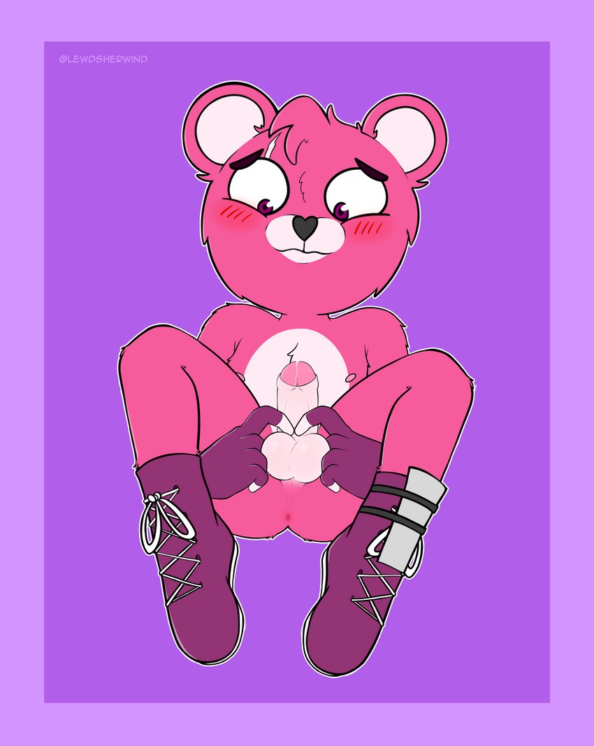 anthro anus balls blush bodily_fluids boots border clothing crossgender cum erection footwear foreskin fur genital_fluids genitals heart_nose heart_symbol humanoid_genitalia humanoid_penis leaking_cum male nipples penis pink_body pink_fur purple_border shoes solo sherwind52 epic_games fortnite cuddle_team_leader bear mammal absurd_res hi_res