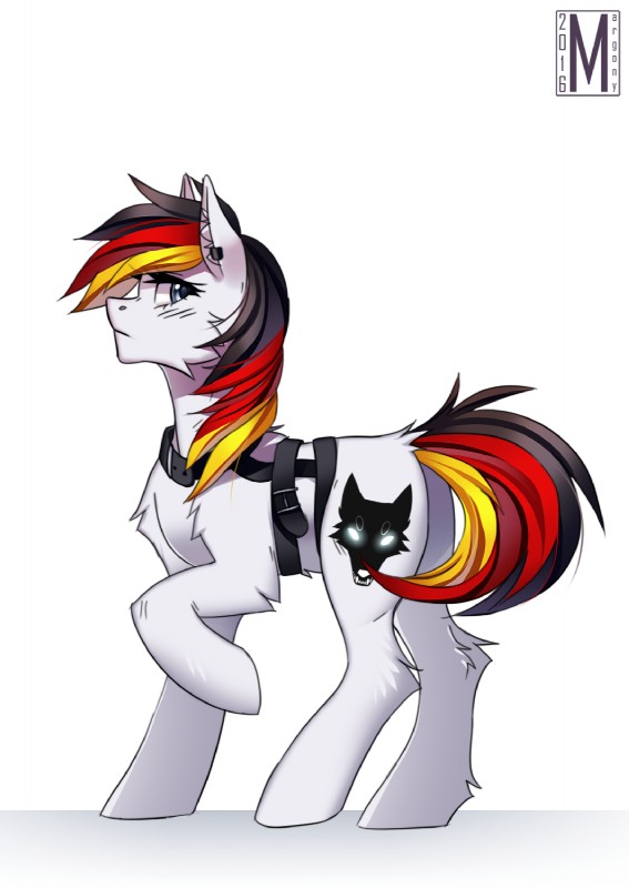 ambiguous_gender black_hair blonde_hair blue_eyes cutie_mark ear_piercing feral fur hair hooves piercing quadruped red_hair simple_background solo standing white_background white_body white_fur margony hasbro my_little_pony fan_character earth_pony equid equine horse mammal pony 2016 digital_media_(artwork) hi_res shaded