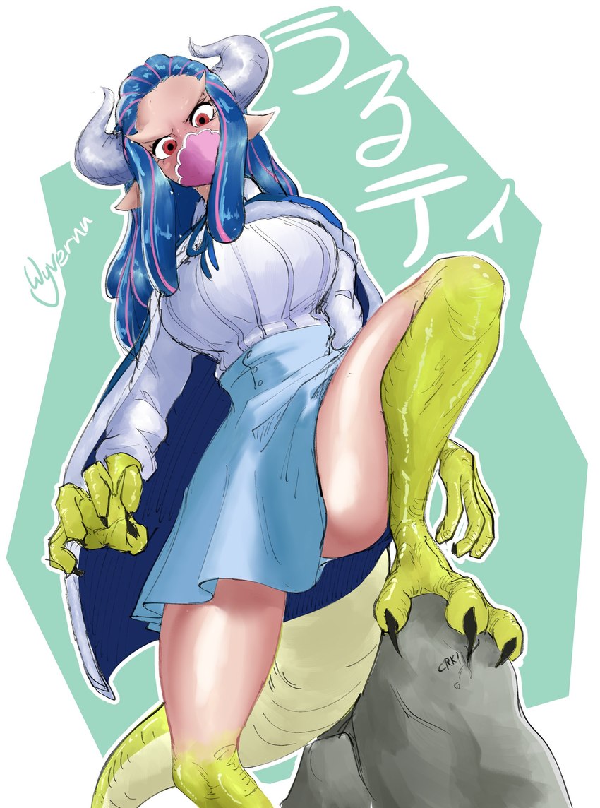 big_breasts blue_bottomwear blue_cape blue_clothing blue_hair blue_skirt bottomwear breasts cape clothing eyelashes face_mask female green_background green_body green_scales hair horn huge_breasts humanoid_pointy_ears long_hair looking_at_viewer mask pointy_ears red_eyes rock scales shirt simple_background skirt solo tan_body tan_skin thick_thighs topwear white_background white_clothing white_shirt white_topwear wide_hips wyvernn one_piece ulti_(one_piece) animal_humanoid dinosaur dinosaur_humanoid horned_humanoid humanoid ornithischian pachycephalosaurid pachycephalosaurus prehistoric_species reptile reptile_humanoid scalie scalie_humanoid absurd_res hi_res