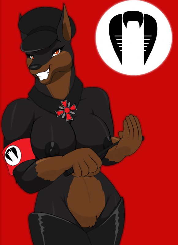 anthro armband big_breasts black_clothing black_legwear black_nipples black_nose boots breasts clothed clothing female footwear germany hat headgear headwear latex legwear looking_at_viewer mostly_nude nazi nipples parody riding_crop shoes smile solo teeth thigh_boots thigh_highs third_reich topless whip world_war world_war_2 droll3 commander lena_(droll3) canid canine canis dobermann domestic_dog mammal pinscher hi_res