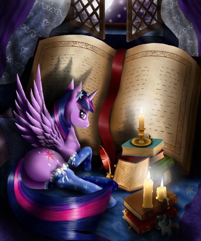 book butt candle clothing curtains cutie_mark feathered_wings feathers female feral fire footwear fur hair horn inside lamp legwear looking_at_viewer looking_back loose_feather multicolored_hair purple_body purple_eyes purple_feathers purple_fur quill smile socks solo spread_wings window wings szafir87 friendship_is_magic hasbro my_little_pony mythology twilight_sparkle_(mlp) equid equine mammal mythological_creature mythological_equine winged_unicorn 2015 5:6 hi_res