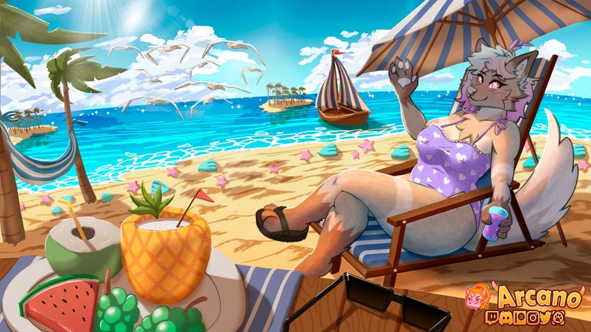 anthro beach beverage biped boat body_hair chair chest_fur chest_hair chest_tuft clothing coconut container cup digitigrade drupe_(fruit) eyewear female fingers fluffy fluffy_ears fluffy_hair fluffy_neck_fur fluffy_tail food fruit fur furniture grape green_body grey_body grey_fur grey_hair hair holding_object island looking_at_viewer melon neck_tuft nipple_outline nipples on_chair palm_tree pawpads paws pink_eyes plant sand sea sitting sitting_on_chair smile solo sunglasses tail tail_tuft topwear tree tropical tuft umbrella vehicle water watercraft watermelon watermelon_slice arcanelynx lavender_(lavendervixenz) avian bird canid canine canis fox gull lari larid mammal 16:9 digital_drawing_(artwork) digital_media_(artwork) widescreen