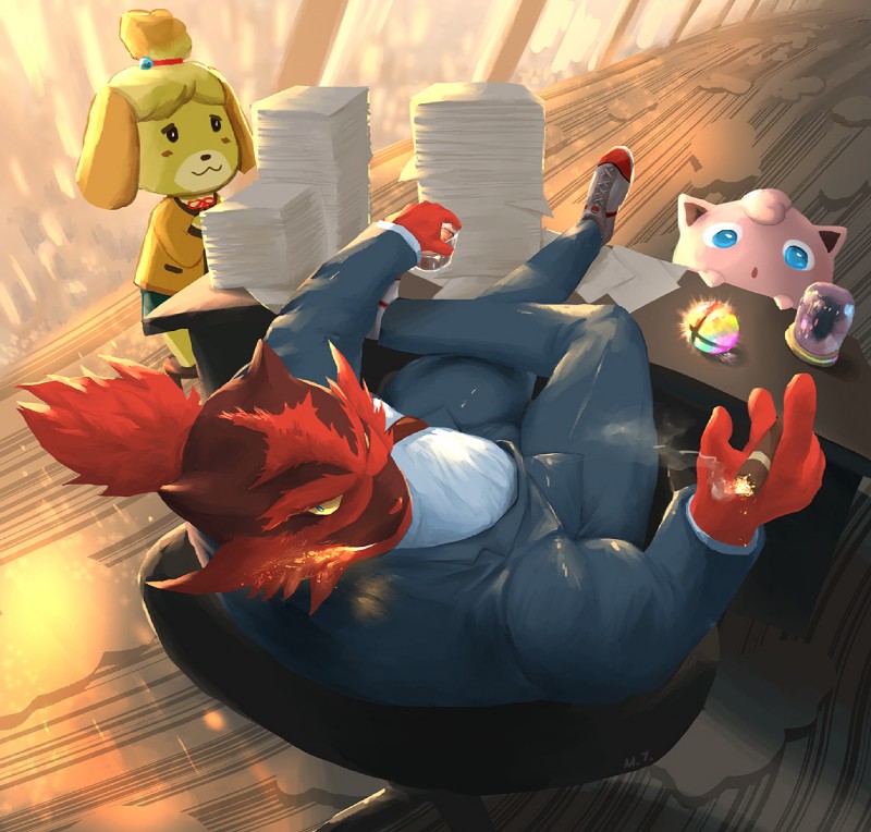 anthro black_body black_fur blue_eyes clothed clothing female footwear fur group looking_back multicolored_body multicolored_fur red_body red_fur smoking two_tone_body two_tone_fur yellow_body yellow_fur yellow_sclera m7 animal_crossing nintendo pokemon isabelle_(animal_crossing) canid canine canis domestic_dog felid generation_1_pokemon generation_7_pokemon incineroar jigglypuff mammal pantherine pokemon_(species) shih_tzu toy_dog hi_res