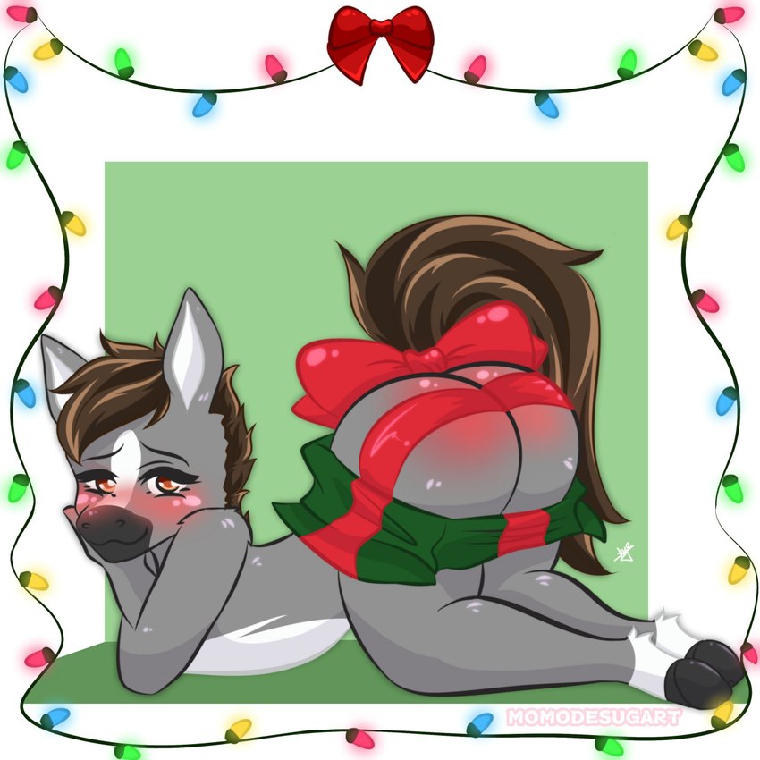 accessory anthro belly blush bow_(feature) bow_accessory bow_ribbon brown_eyes brown_hair bubble_butt butt chibi christmas_decorations christmas_lights fur furgonomics grey_body grey_fur hair holidays leg_markings lying male markings nude on_front ribbons simple_background socks_(marking) solo tail tail_accessory tail_bow tail_ribbon white_belly white_markings momodesugart christmas dallas_prairiewind equid equine horse mammal 1:1 hi_res