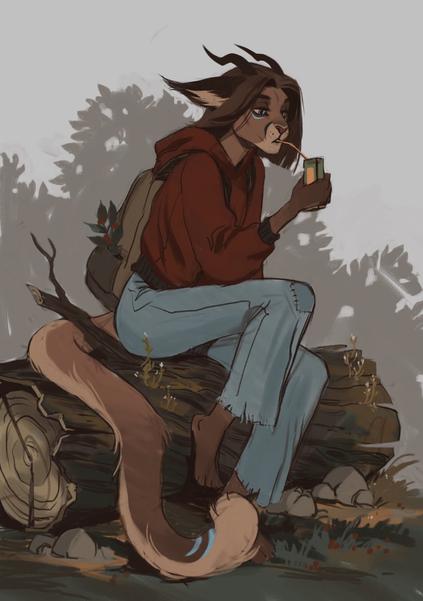 anthro beverage blue_bottomwear blue_clothing blue_eyes blue_pants bottomwear brown_body brown_fur brown_hair brown_horn clothed clothing drinking ears_back female fur grass hair holding_beverage holding_object hoodie horn log mouth_closed narrowed_eyes outside pants pivoted_ears plant red_clothing red_hoodie red_topwear sitting solo topwear wood marie_merkh marie_(marie_merkh) species_request absurd_res full-length_portrait hi_res portrait