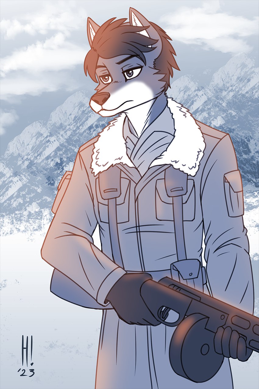 5_fingers anthro clothing fingers fur gloves gun hair handwear humanoid_hands male military_uniform mountain outside ranged_weapon rifle snow solo uniform weapon heresy_(artist) canid canine canis mammal wolf 2023 hi_res signature sketch