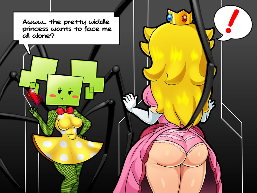 bite biting_lip blonde_hair blush bottomwear bow_tie butt clothed clothing clothing_lift crown dress duo exclamation_point female female/female fishnet_clothing gem grey_background hair headgear multi_arm multi_limb not_furry panties ruby_(gem) simple_background skirt skirt_lift text underwear sleepiitreat mario_bros nintendo paper_mario mimi_(paper_mario) princess_peach human humanoid mammal 4:3 english_text hi_res