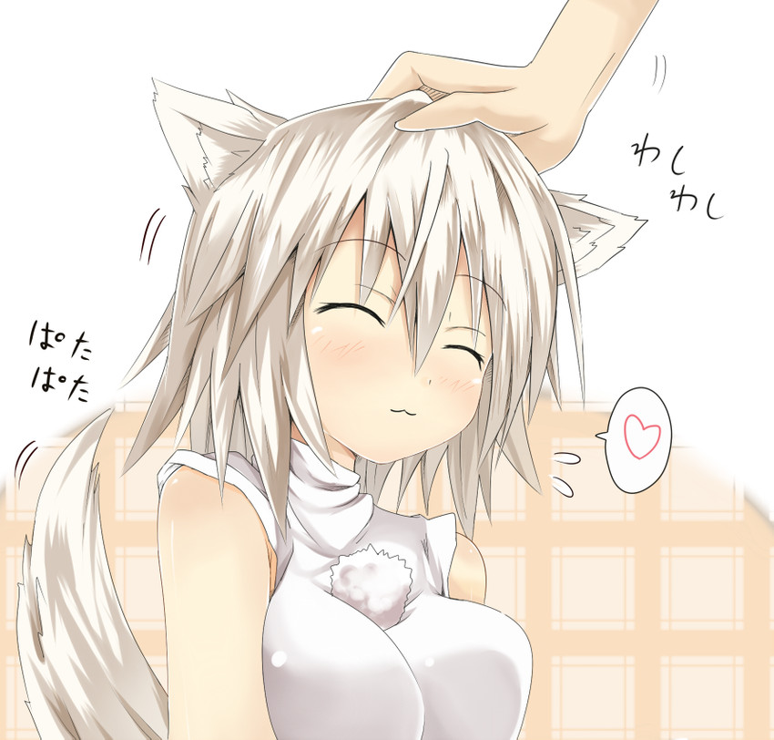 ^w^ blush bodily_fluids breasts clothed clothing disembodied_hand duo eyebrow_through_hair eyebrows eyes_closed female flying_sweatdrops fur hair headpat heart_symbol inner_ear_fluff motion_lines petting simple_background smile speech_bubble sweat sweatdrop translucent translucent_hair tuft white_body white_fur white_hair efe touhou momiji_inubashiri animal_humanoid canid canid_humanoid humanoid mammal mammal_humanoid 2011